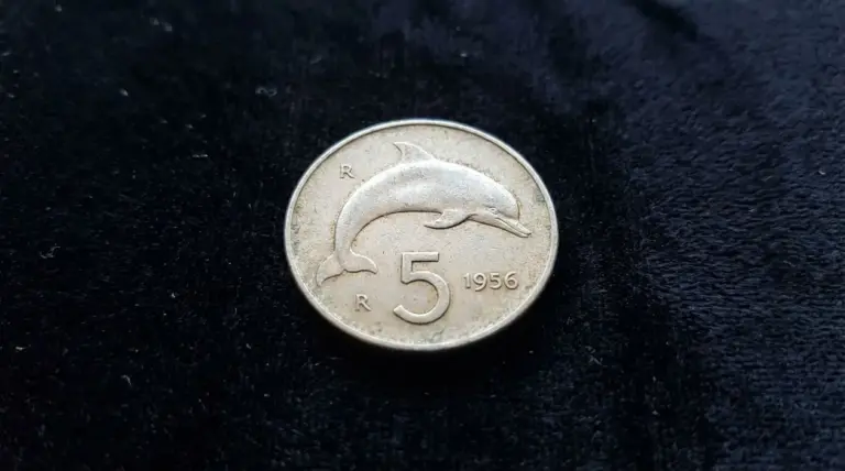 Moneta italiana da 5 lire del 1956 con delfino su sfondo nero