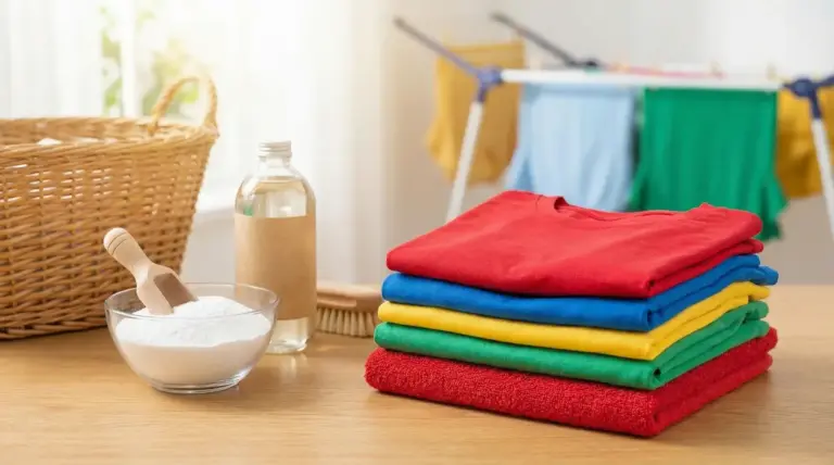 Vestiti colorati piegati accanto a ingredienti naturali per il bucato su un tavolo