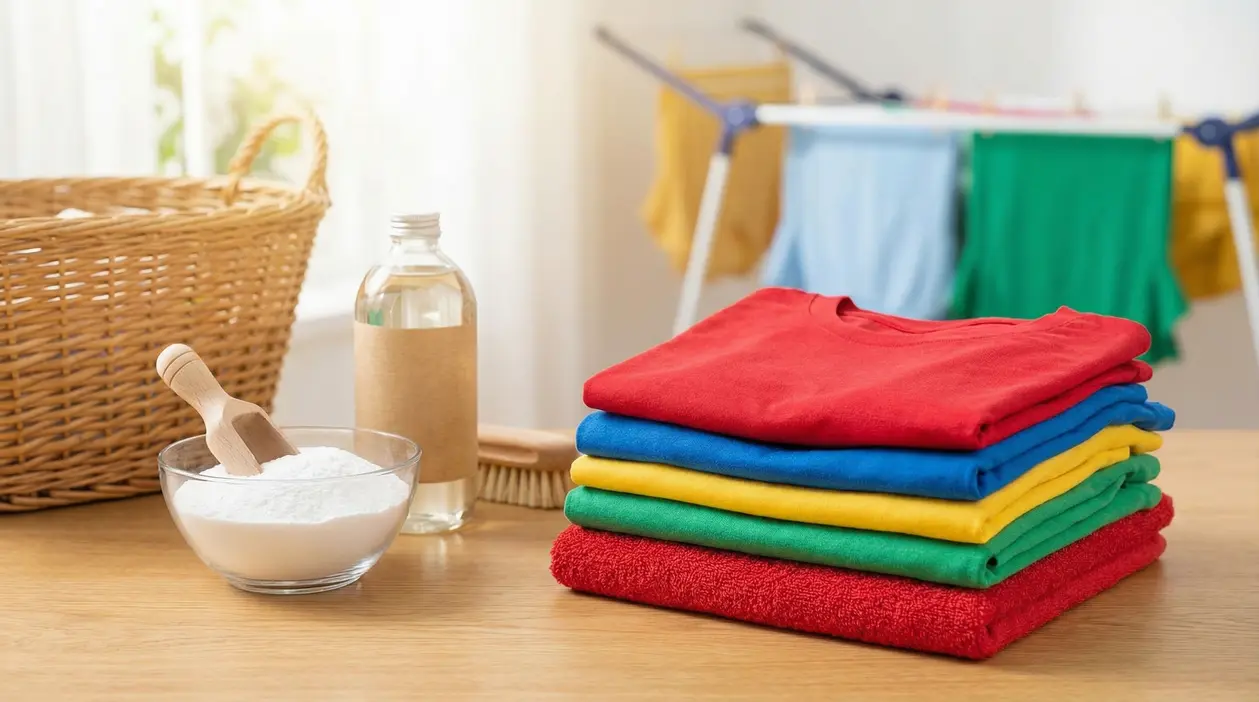 Vestiti colorati piegati accanto a ingredienti naturali per il bucato su un tavolo