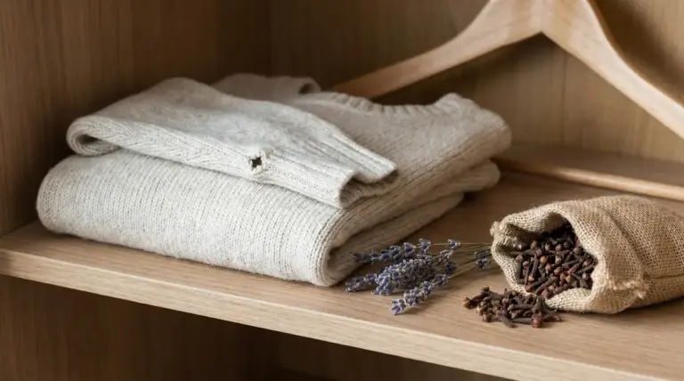 Maglioni di lana con un buco su uno scaffale, accanto a lavanda e chiodi di garofano