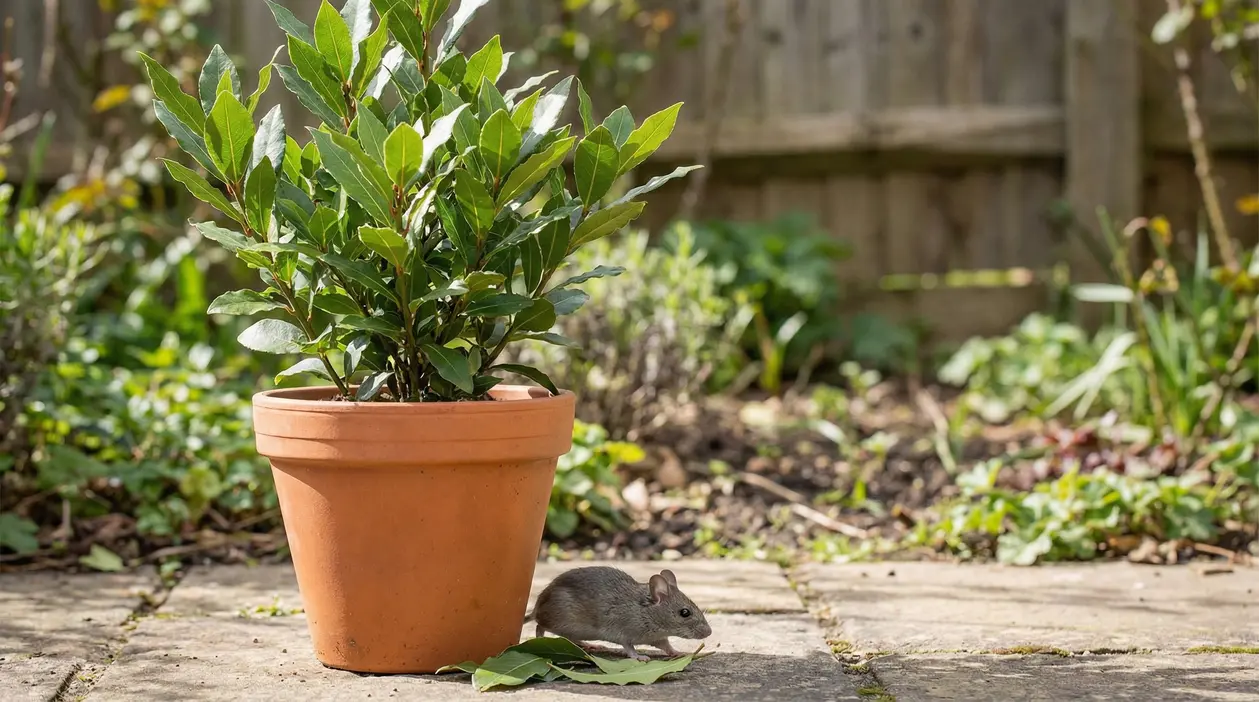 Pianta di alloro in vaso con un topo su un sentiero in giardino