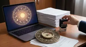Scrivania con computer, simboli zodiacali, documenti e una mano con timbro