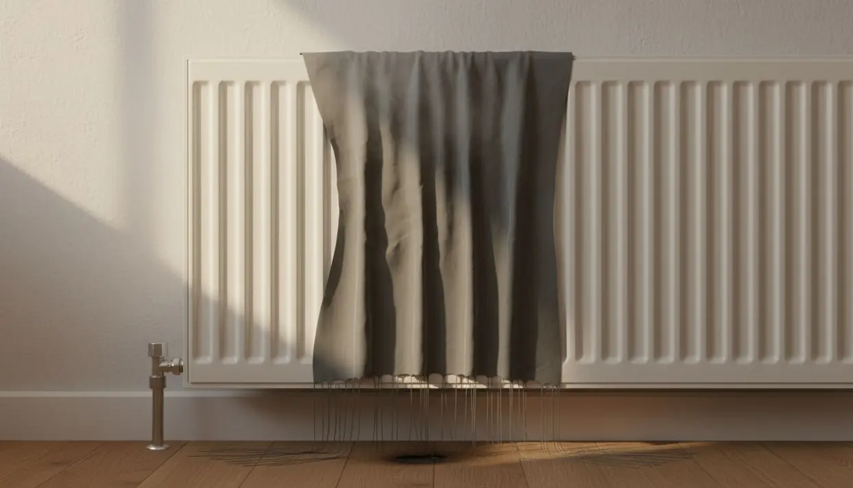 Termosifone coperto da un tessuto scuro parzialmente bruciato alla base