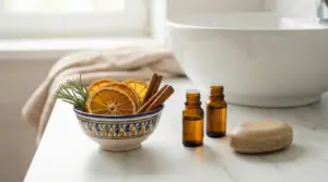 Ciotola con fette di arancia essiccate, cannella e rosmarino accanto a boccette e sapone su un lavandino