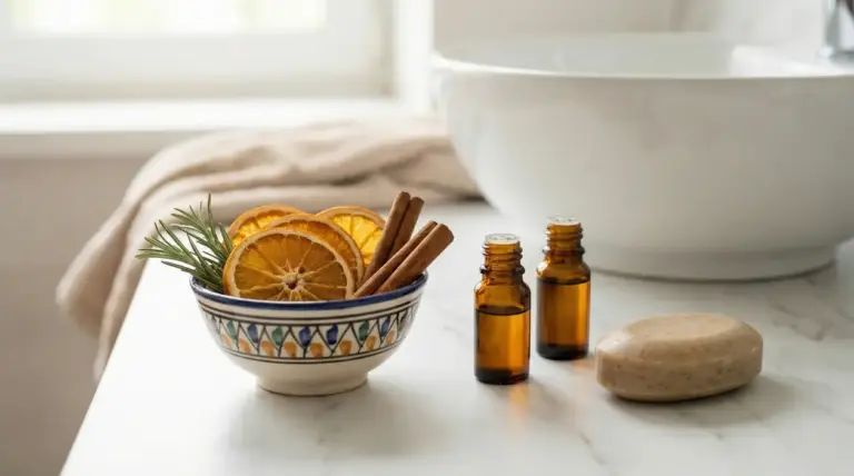 Ciotola con fette di arancia essiccate, cannella e rosmarino accanto a boccette e sapone su un lavandino