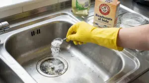 Una mano con guanto giallo versa bicarbonato nel lavello della cucina