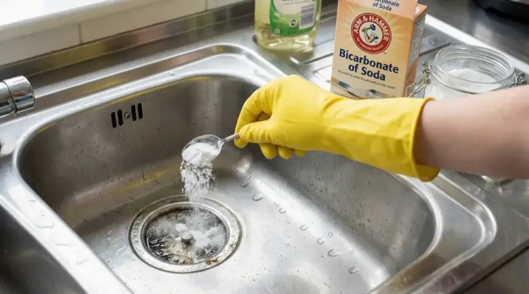 Una mano con guanto giallo versa bicarbonato nel lavello della cucina