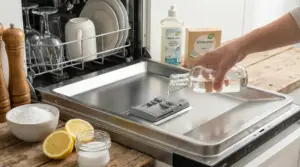 Una mano versa un liquido trasparente nello scomparto della lavastoviglie con limone e sale accanto
