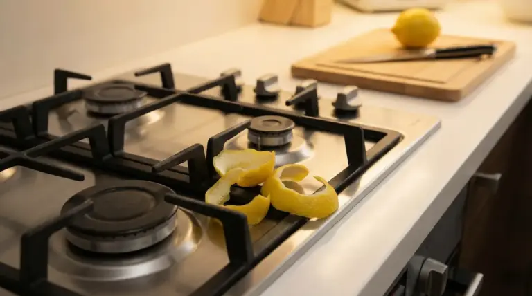 Bucce di limone su un fornello da cucina accanto a un tagliere con coltello e limone