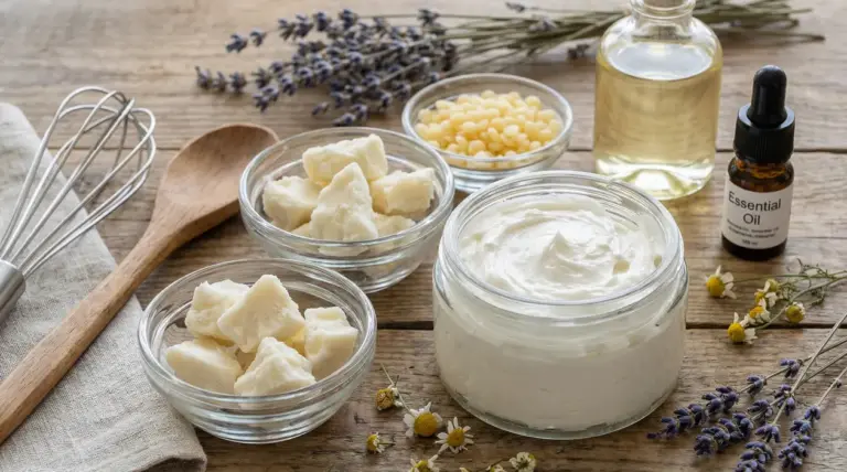 Ingredienti naturali per burro per il corpo fai da te su un tavolo di legno