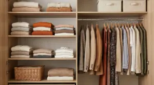 Armadio ordinato con vestiti piegati e appesi, pronto per il cambio di stagione