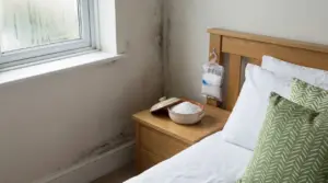 Angolo di una camera da letto con muffa sul muro e contenitore di sale su un comodino