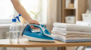 Mano che utilizza un ferro da stiro accanto a panni piegati e un flacone spray su un'asse da stiro.