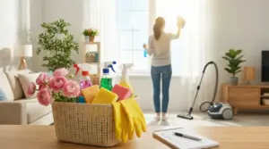 Una persona pulisce una finestra in una stanza luminosa con prodotti per le pulizie su un tavolo