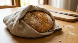 Pagnotta avvolta in un canovaccio posta su un tavolo di legno vicino a un coltello da pane