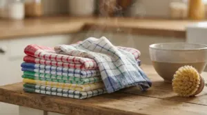 Strofinacci puliti e fumanti impilati su un tavolo in legno in una cucina