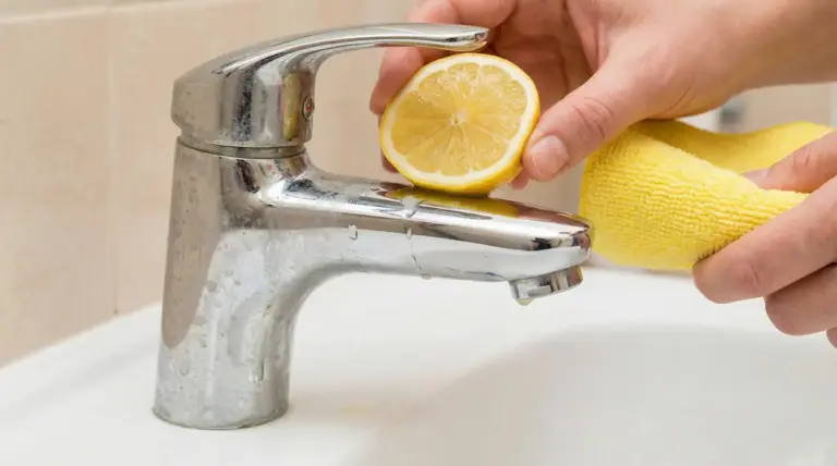 Rubinetto opaco pulito con mezzo limone e panno giallo