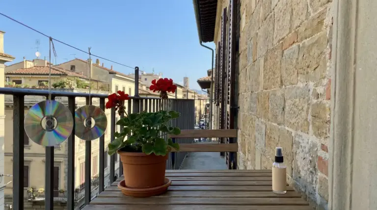 Balcone con geranio in vaso, due CD appesi alla ringhiera e spray su tavolino in legno