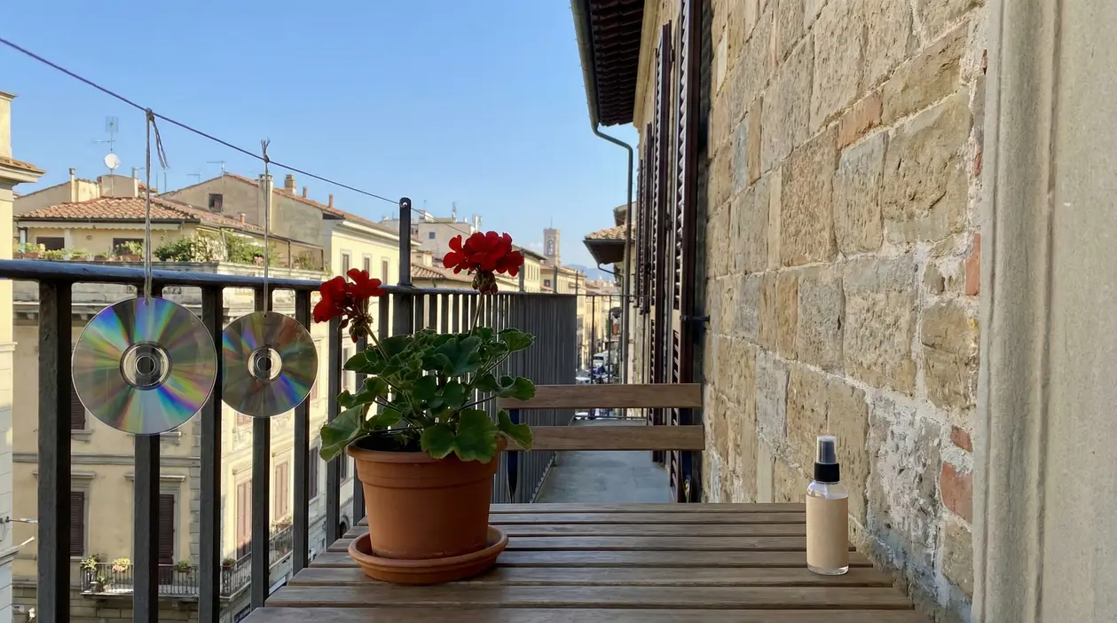 Balcone con geranio in vaso, due CD appesi alla ringhiera e spray su tavolino in legno