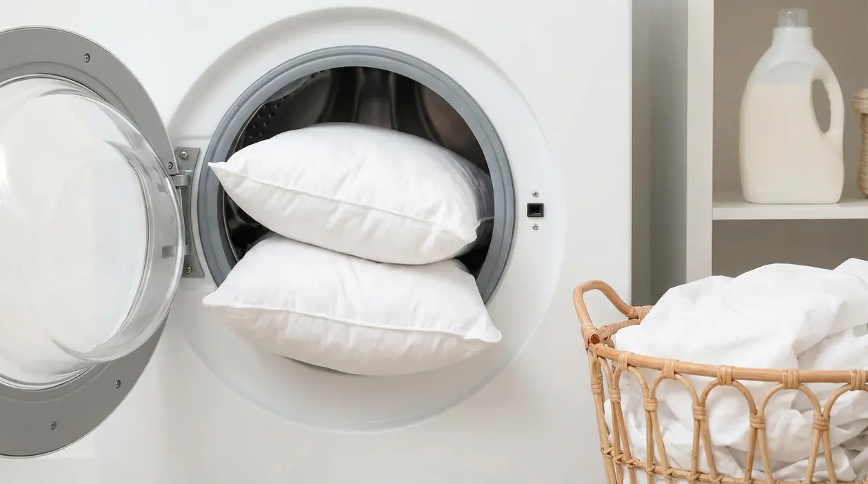 Due cuscini bianchi inseriti in una lavatrice accanto a un cesto della biancheria