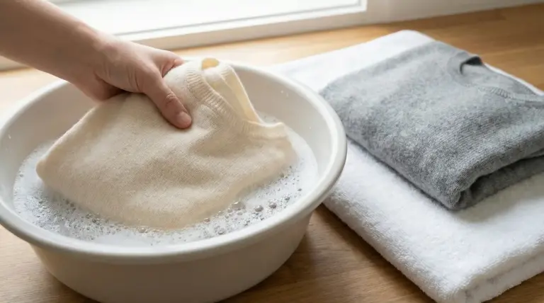 Una mano lava un maglione di cashmere chiaro in una bacinella con acqua saponata