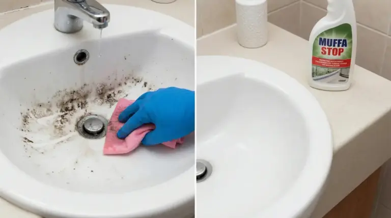 Lavandino con muffa pulito con panno e detergente specifico