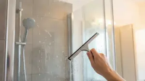 Una mano pulisce il vetro della doccia con un tergivetro in bagno