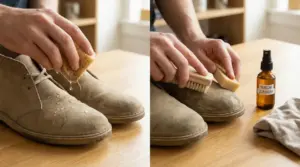 Persona che pulisce scarpe di camoscio con spugna e spazzola