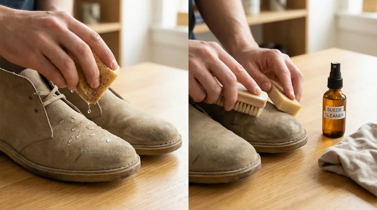 Persona che pulisce scarpe di camoscio con spugna e spazzola