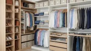 Armadio organizzato con abiti appesi, scatole, scarpe e accessori ordinati