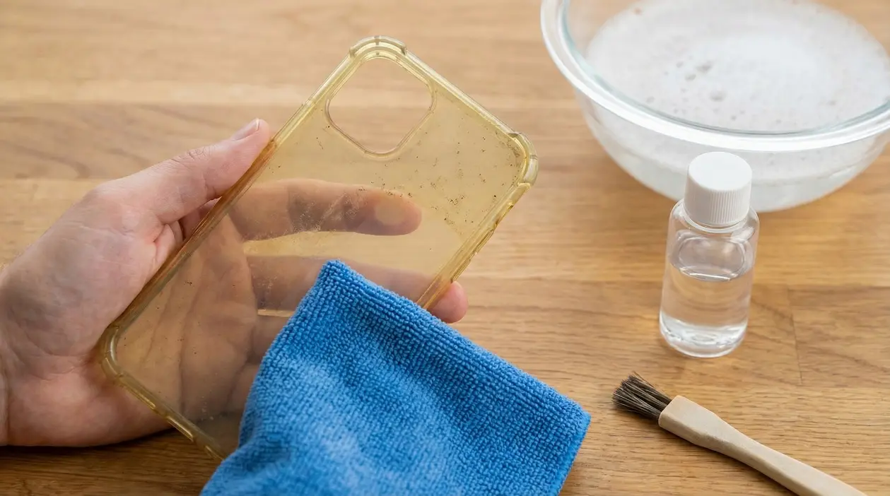 Una mano tiene una cover trasparente ingiallita accanto a panno, spazzolino e ciotola con sapone