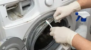 Persona con guanti pulisce la guarnizione della lavatrice con uno spazzolino.