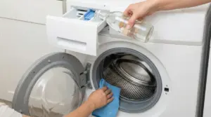 Mani che puliscono una lavatrice e versano aceto nel cassetto del detersivo