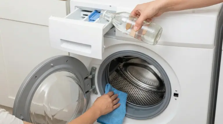 Mani che puliscono una lavatrice e versano aceto nel cassetto del detersivo