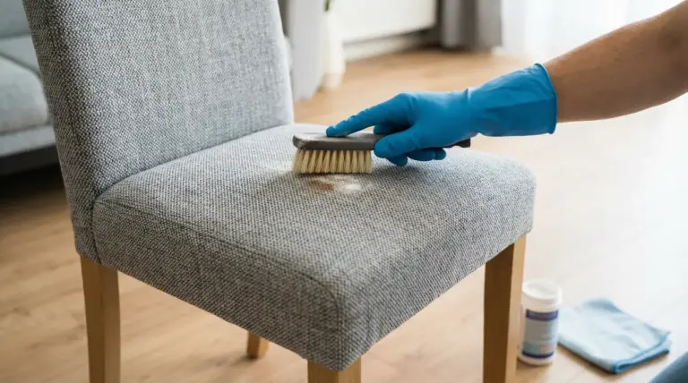 Pulizia a secco di una sedia imbottita con spazzola e guanti in gomma
