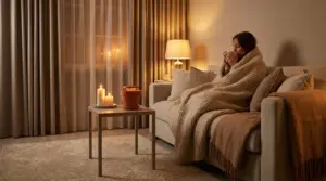 Persona coperta da una coperta su un divano con candele accese e luce calda