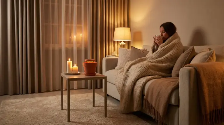 Persona coperta da una coperta su un divano con candele accese e luce calda