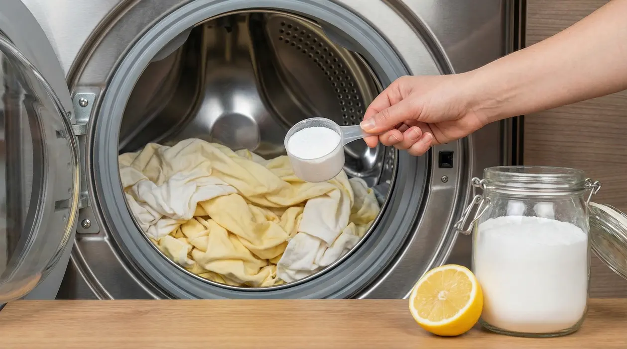 Bucato ingiallito in lavatrice con una mano che aggiunge detersivo in polvere