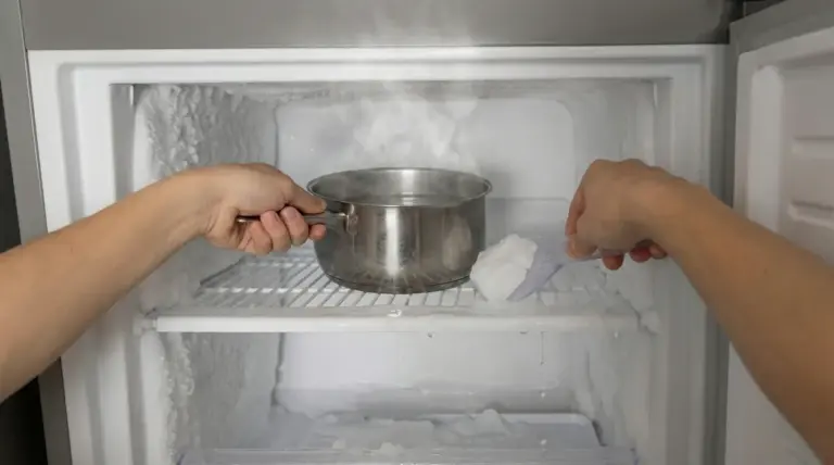 Persona che sbrina un freezer con una pentola di acqua calda e una spatola di plastica