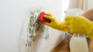 Mani con guanti gialli rimuovono muffa da un muro con una spugna rossa