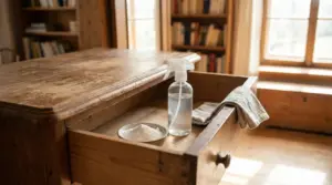 Cassetto di un mobile antico aperto con bicarbonato, spray e panno per la pulizia
