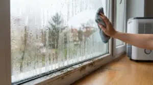 Mano che pulisce finestra appannata con condensa e muffa sul davanzale