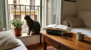 Gatto domestico seduto su davanzale interno di un appartamento condominiale