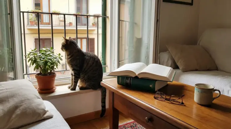 Gatto domestico seduto su davanzale interno di un appartamento condominiale