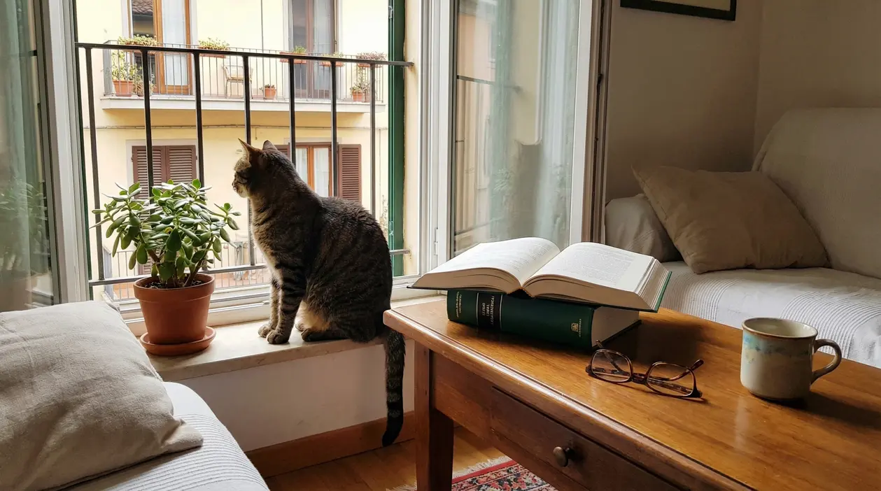 Gatto domestico seduto su davanzale interno di un appartamento condominiale