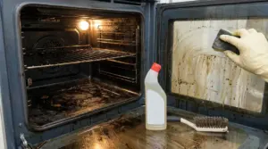 Una persona pulisce la porta di un forno sporco con una spugna e guanti di gomma