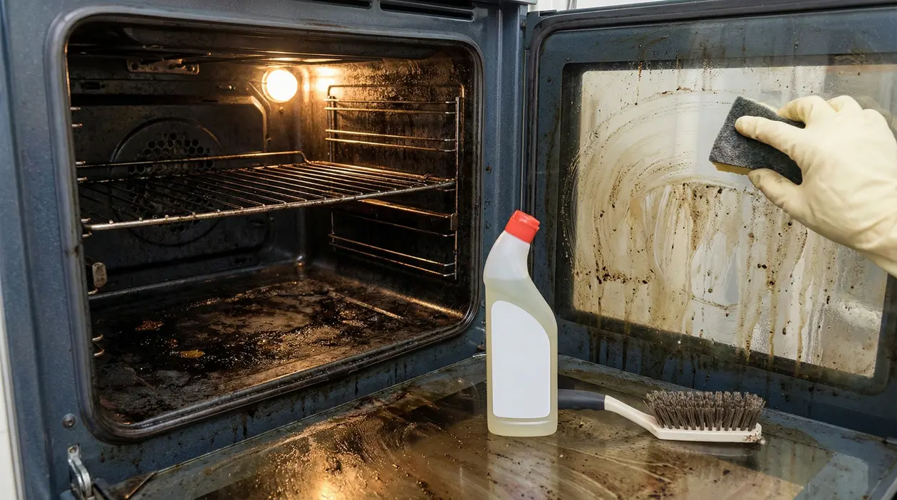 Una persona pulisce la porta di un forno sporco con una spugna e guanti di gomma