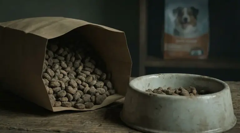Crocchette per cani versate da una busta di carta in una ciotola su un tavolo di legno
