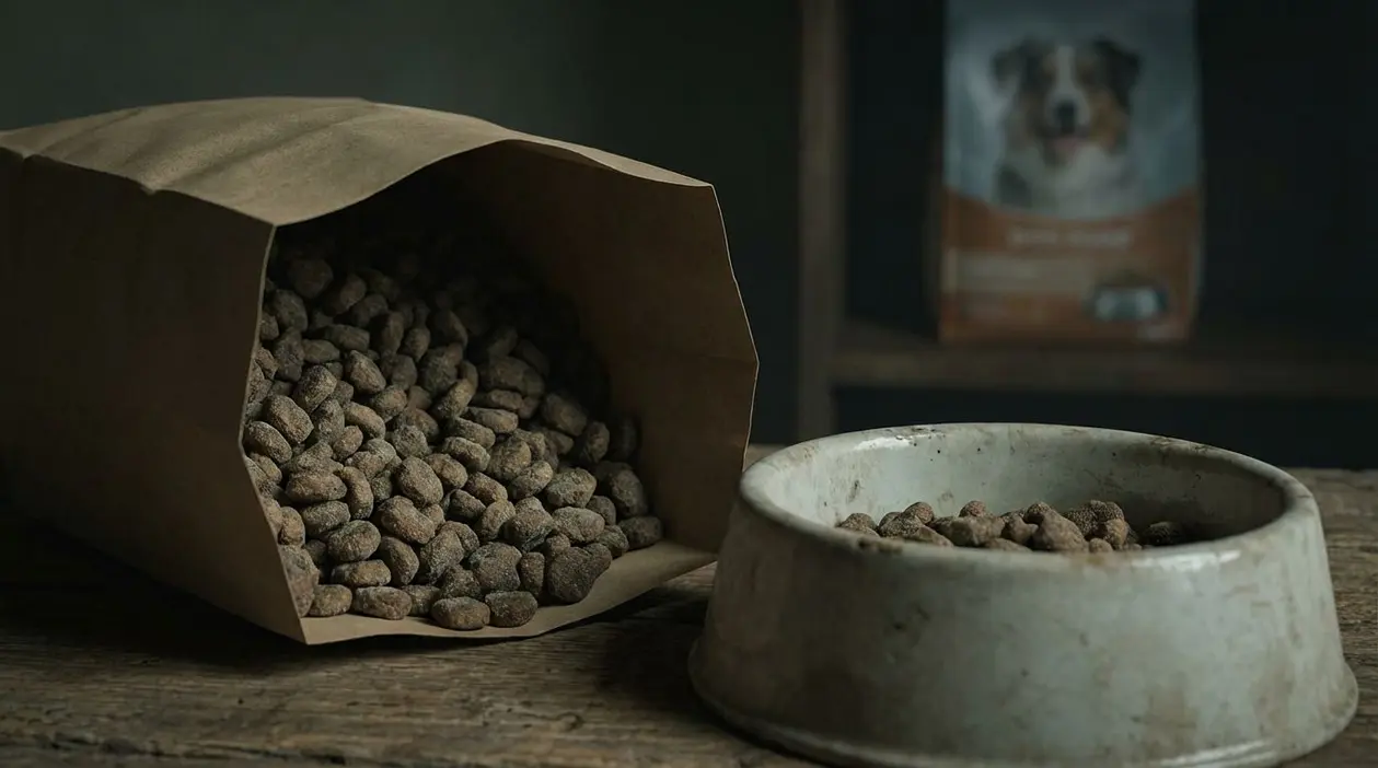 Crocchette per cani versate da una busta di carta in una ciotola su un tavolo di legno