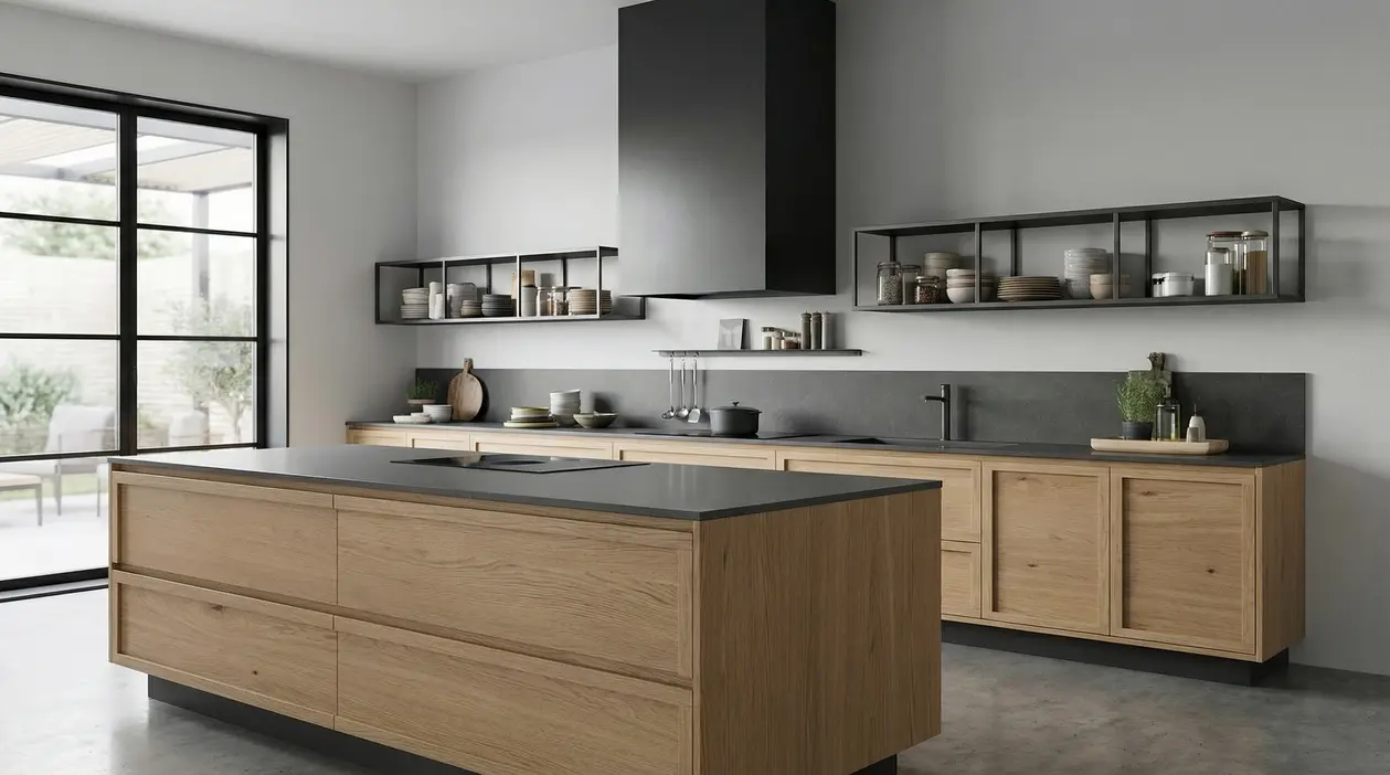 Cucina moderna con mobili in legno chiaro e mensole aperte senza pensili alti